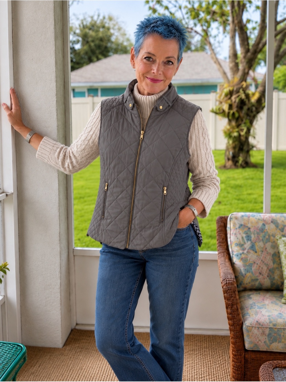 Crown & Ivy Gray Quilted Vest Petite Large PL Lightweight